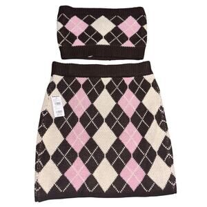 Tilly’s women’s brown argyle sweater tube top and skirt outfit set NWT (XS)